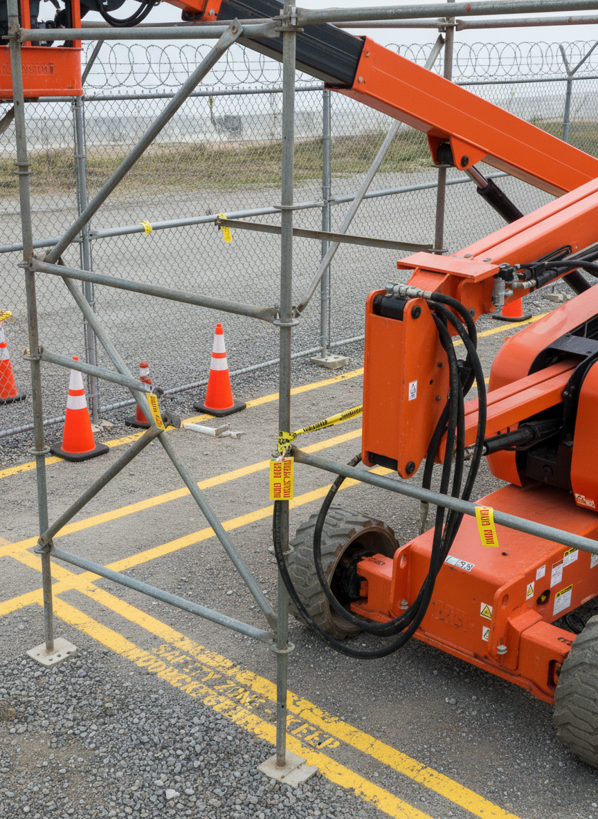 A close-up, photographic view of a heavy-duty construction site inspection in progress, without any people present. A bright orange telescopic boom lift, steel scaffolding, and a securely fenced perimeter dominate the scene, with high-visibility safety cones and inspection tags attached to equipment surfaces. The ground shows compacted gravel with clearly painted safety markings. The setting is captured under bright but slightly overcast daylight, softening contrasts while maintaining clear detail on metal textures, hydraulic hoses, and warning symbols. Shot from a slightly elevated angle, using the rule of thirds to highlight the inspected machinery, the mood is serious, orderly, and safety-driven, reflecting rigorous regulatory control and risk prevention in the construction sector.