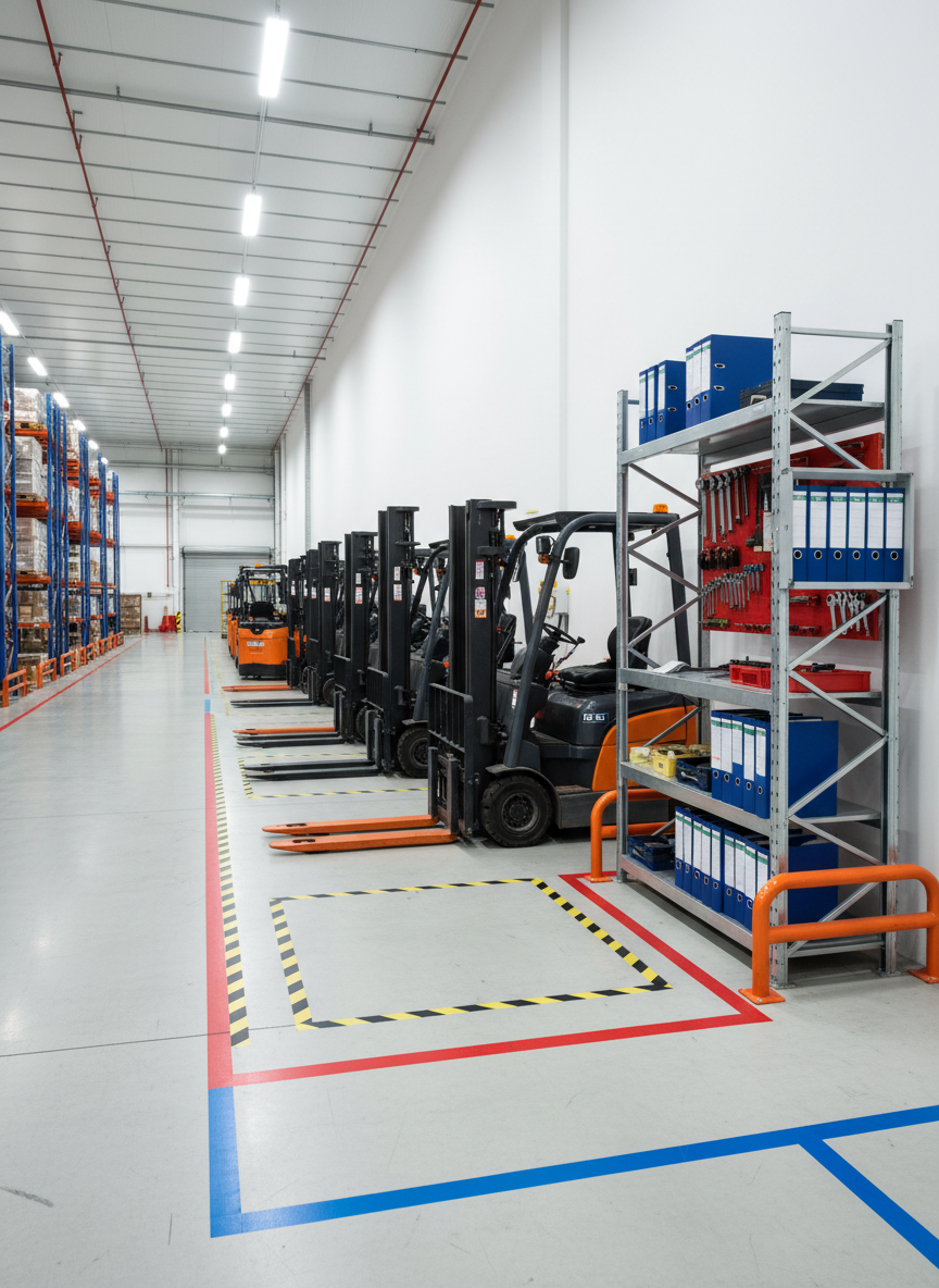 Inside a clean logistics warehouse, a row of pallet trucks, forklifts, and mobile racks is aligned perfectly within a clearly marked inspection zone. Bold floor striping defines loading areas, pedestrian paths, and restricted spaces, while nearby shelving holds neatly arranged inspection tools and maintenance logs with non-legible labels. Soft, cool-white ceiling lighting creates even illumination, revealing subtle wear on tires, brushed steel forks, and the matte finish of safety barriers. The composition uses an eye-level, wide-angle perspective to emphasize depth and organization, with sharp focus from foreground to background. The mood is controlled, efficient, and highly professional, illustrating regulatory inspection routines and preventive safety culture in a busy logistics environment.